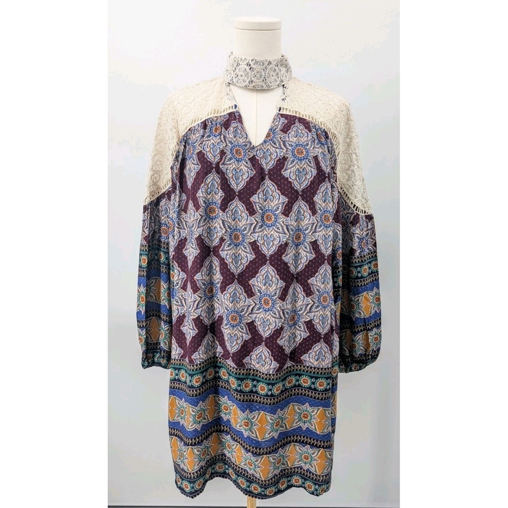 Entro Brown Lace Boho Keyhole Choker Dress Size S Short Shift Tunic Artsy Retro